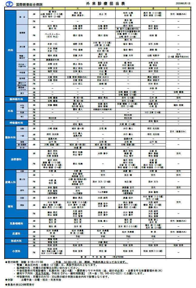 外来診療担当表